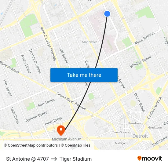 St Antoine @ 4707 to Tiger Stadium map