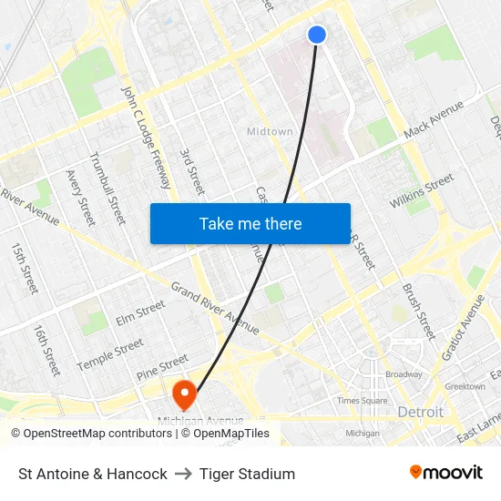St Antoine & Hancock to Tiger Stadium map