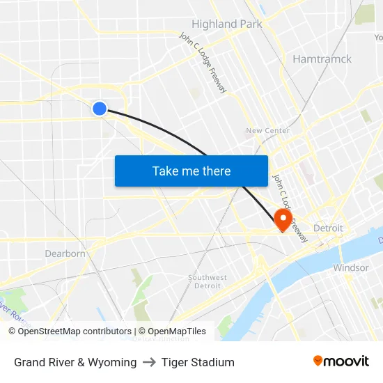 Grand River & Wyoming to Tiger Stadium map