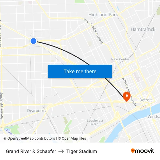 Grand River & Schaefer to Tiger Stadium map