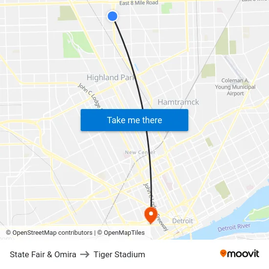 State Fair & Omira to Tiger Stadium map