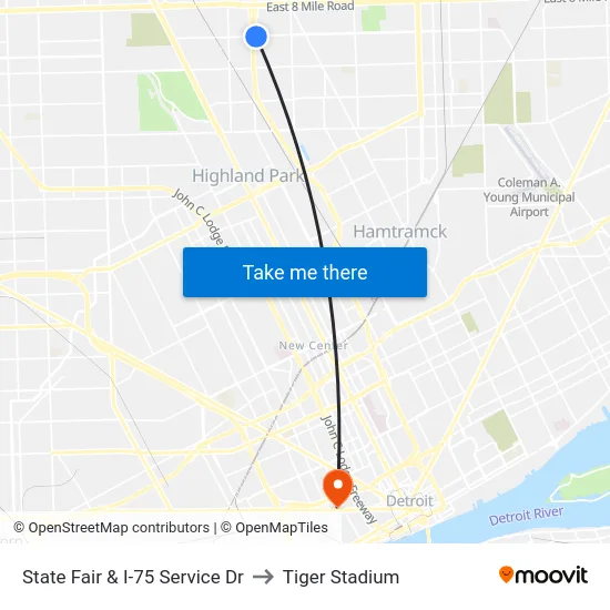 State Fair & I-75 Service Dr to Tiger Stadium map