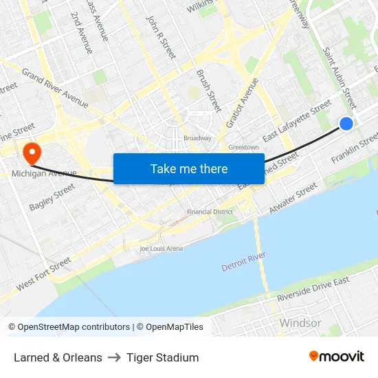 Larned & Orleans to Tiger Stadium map