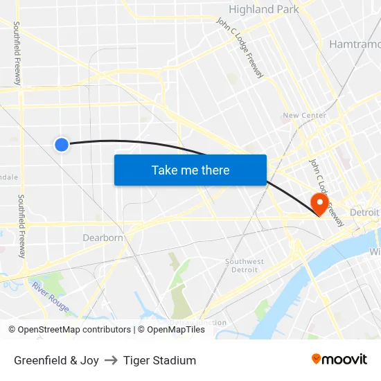 Greenfield & Joy to Tiger Stadium map