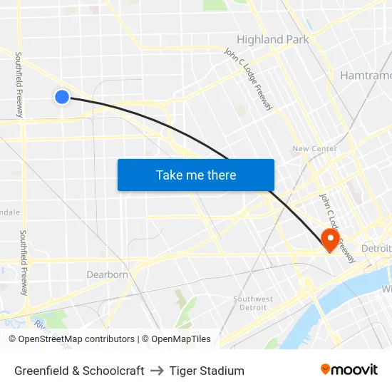 Greenfield & Schoolcraft to Tiger Stadium map