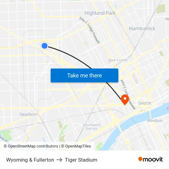 Wyoming & Fullerton to Tiger Stadium map