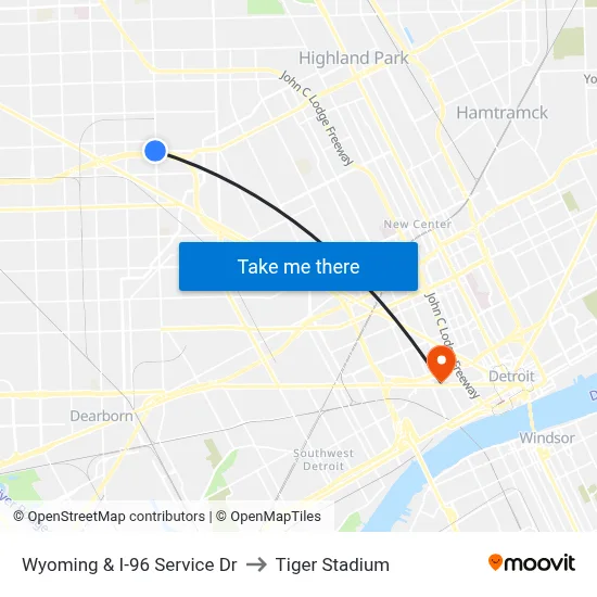 Wyoming & I-96 Service Dr to Tiger Stadium map