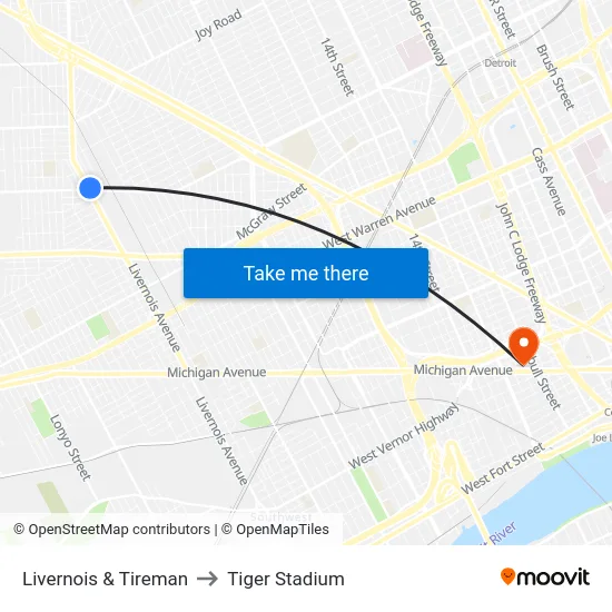 Livernois & Tireman to Tiger Stadium map