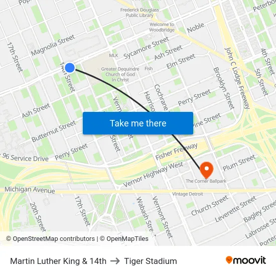 Martin Luther King & 14th to Tiger Stadium map