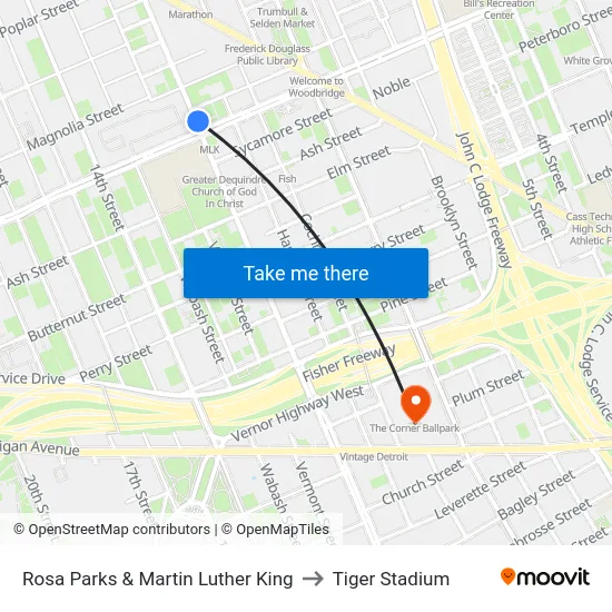 Rosa Parks & Martin Luther King to Tiger Stadium map