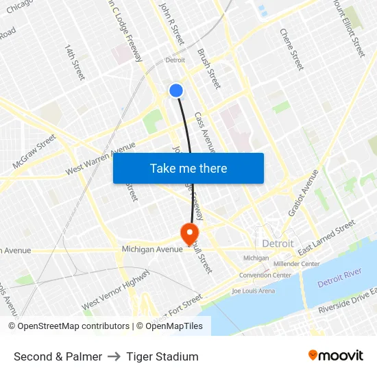 Second & Palmer to Tiger Stadium map