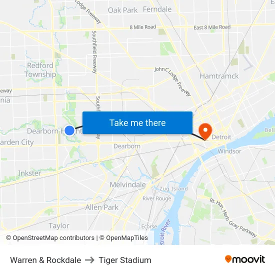 Warren & Rockdale to Tiger Stadium map