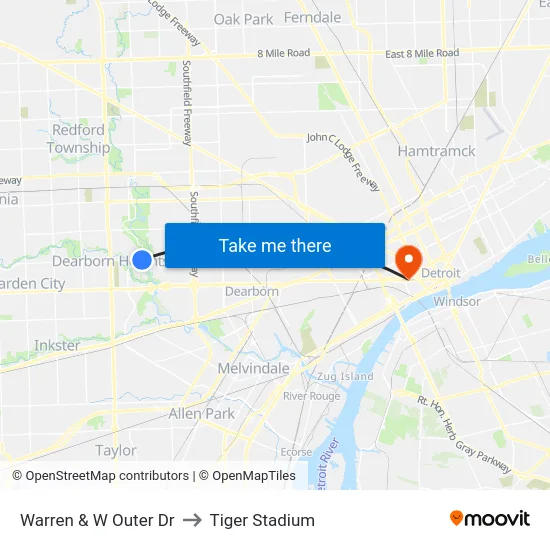 Warren & W Outer Dr to Tiger Stadium map