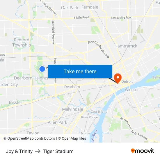 Joy & Trinity to Tiger Stadium map