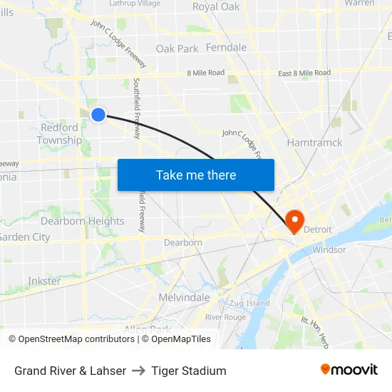 Grand River & Lahser to Tiger Stadium map