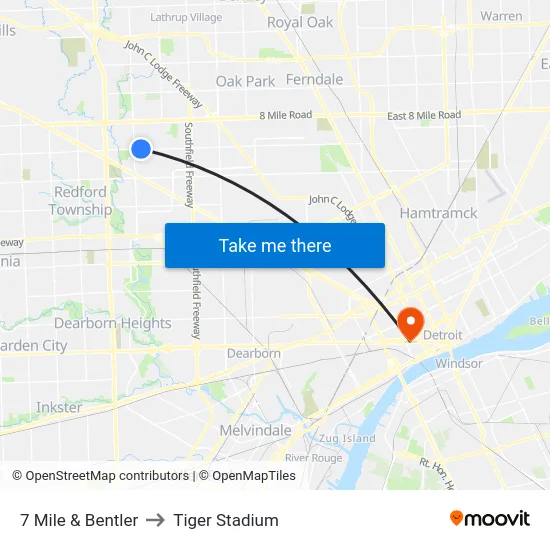 7 Mile & Bentler to Tiger Stadium map