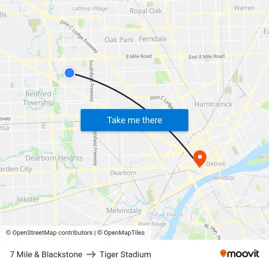 7 Mile & Blackstone to Tiger Stadium map