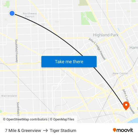 7 Mile & Greenview to Tiger Stadium map