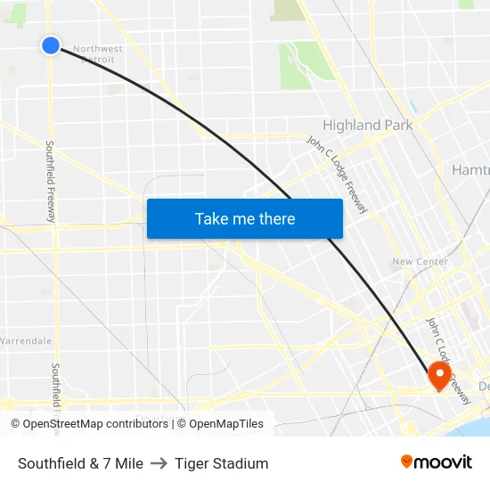 Southfield & 7 Mile to Tiger Stadium map
