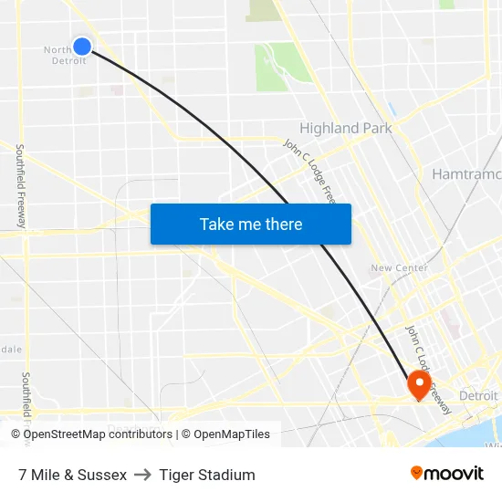 7 Mile & Sussex to Tiger Stadium map