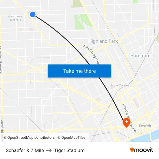 Schaefer & 7 Mile to Tiger Stadium map