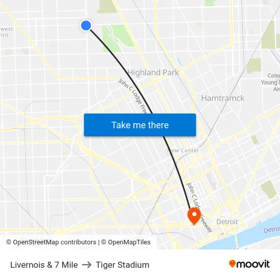 Livernois & 7 Mile to Tiger Stadium map