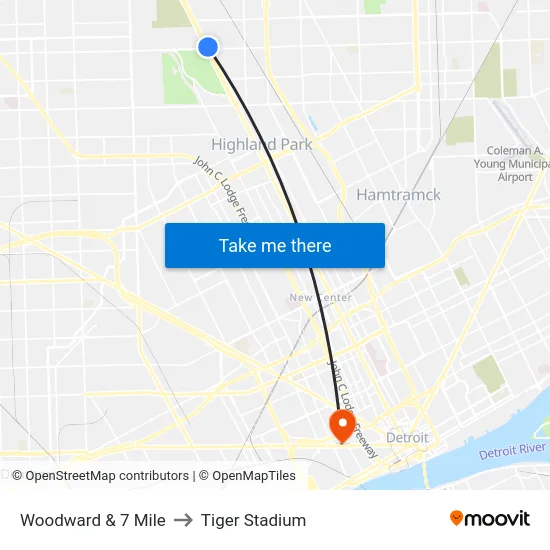 Woodward & 7 Mile to Tiger Stadium map