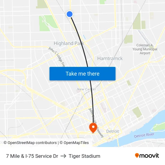 7 Mile & I-75 Service Dr to Tiger Stadium map