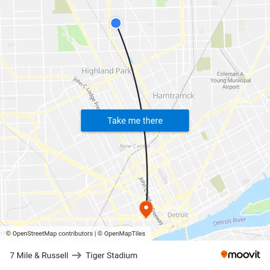 7 Mile & Russell to Tiger Stadium map