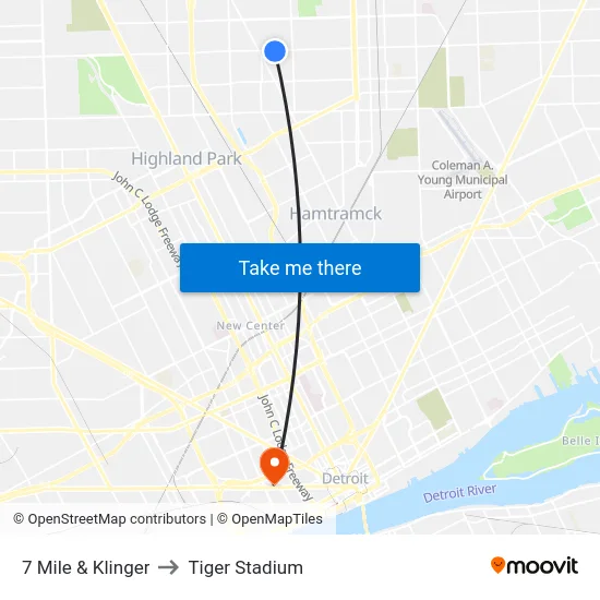 7 Mile & Klinger to Tiger Stadium map