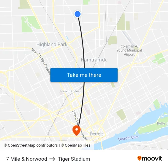 7 Mile & Norwood to Tiger Stadium map
