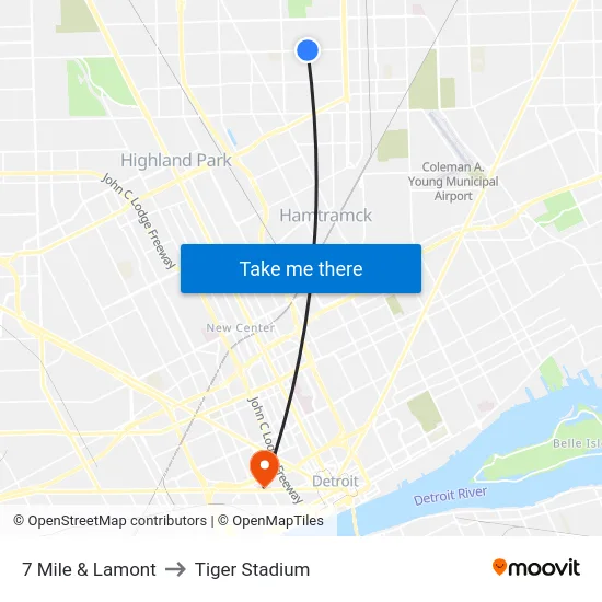 7 Mile & Lamont to Tiger Stadium map