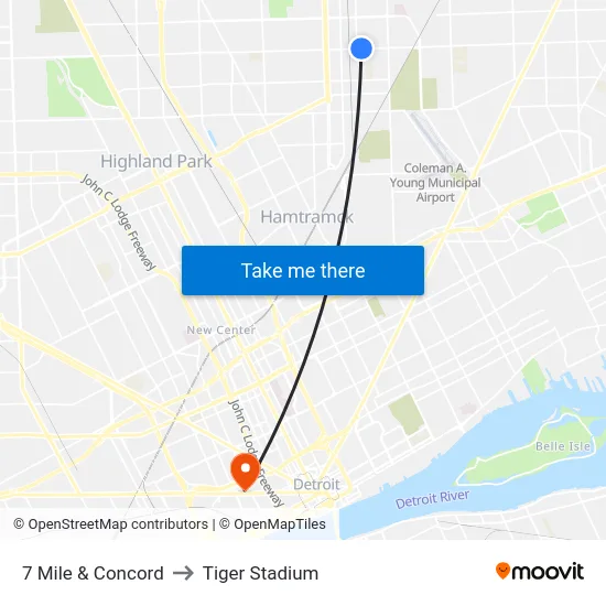 7 Mile & Concord to Tiger Stadium map