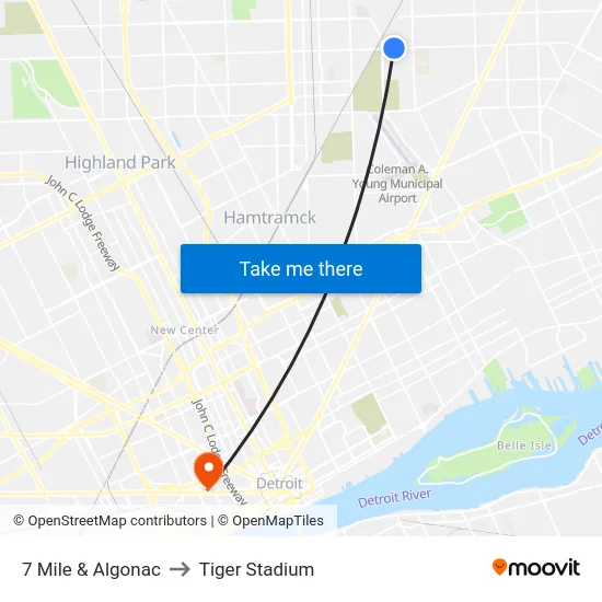 7 Mile & Algonac to Tiger Stadium map