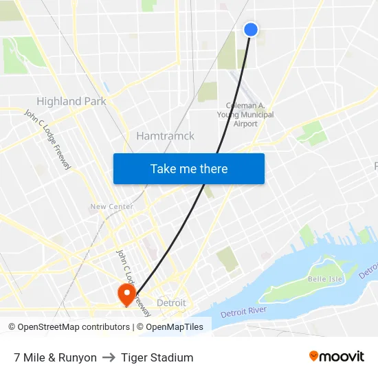 7 Mile & Runyon to Tiger Stadium map