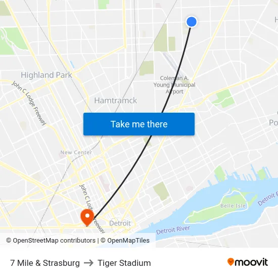 7 Mile & Strasburg to Tiger Stadium map