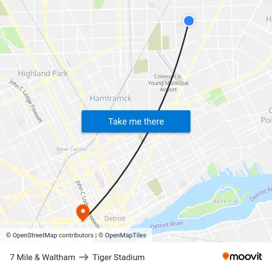 7 Mile & Waltham to Tiger Stadium map