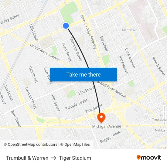 Trumbull & Warren to Tiger Stadium map