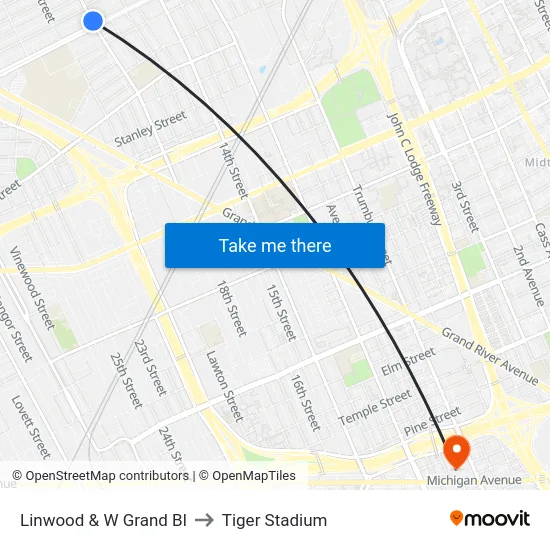 Linwood & W Grand Bl to Tiger Stadium map