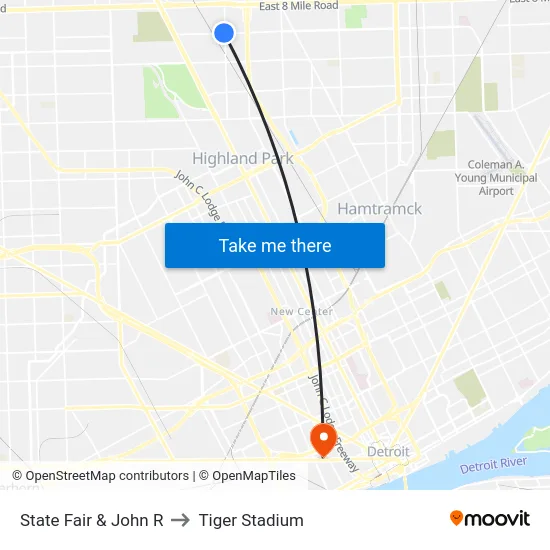 State Fair & John R to Tiger Stadium map
