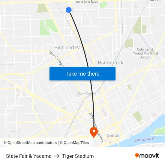State Fair & Yacama to Tiger Stadium map