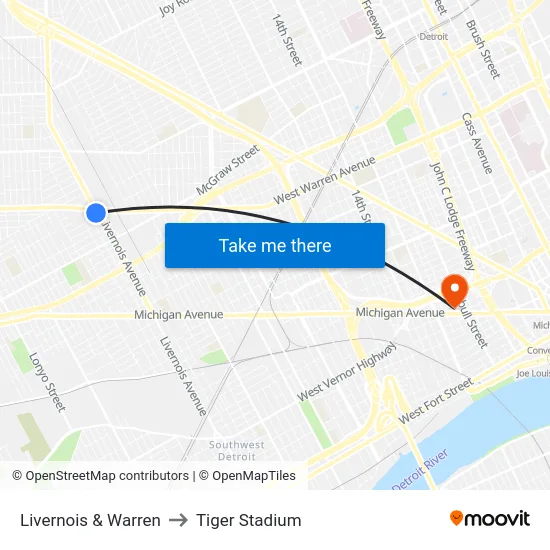 Livernois & Warren to Tiger Stadium map