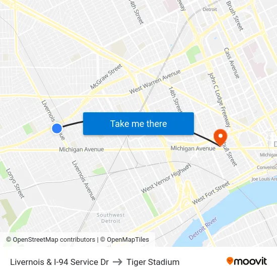 Livernois & I-94 Service Dr to Tiger Stadium map