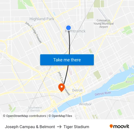 Joseph Campau & Belmont to Tiger Stadium map