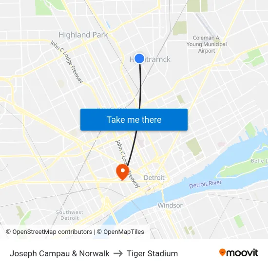 Joseph Campau & Norwalk to Tiger Stadium map