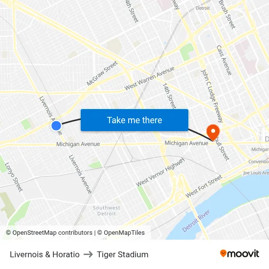 Livernois & Horatio to Tiger Stadium map