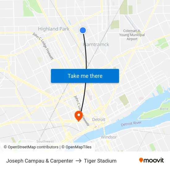 Joseph Campau & Carpenter to Tiger Stadium map