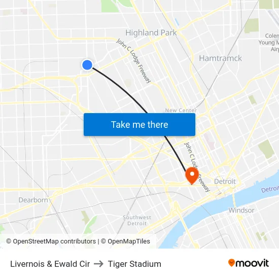 Livernois & Ewald Cir to Tiger Stadium map