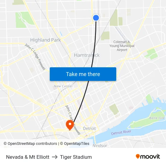 Nevada & Mt Elliott to Tiger Stadium map