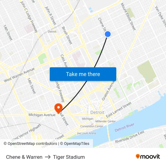Chene & Warren to Tiger Stadium map